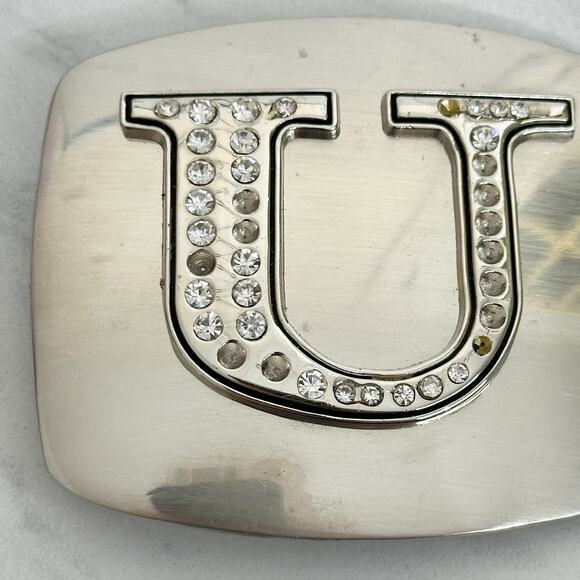 Rhinestone Studded U Letter Initial Monogram Silver Tone Belt Buckle - Picture 2 of 9